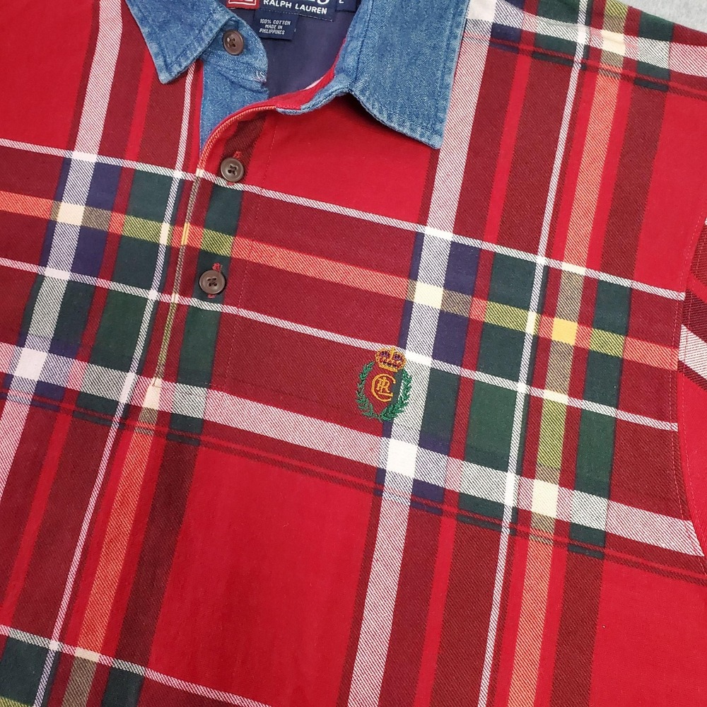 Chaps Ralph Lauren Polo Shirt Mens Large Red Plaid Long Sleeve Denim Collar‎ - Picture 5 of 12